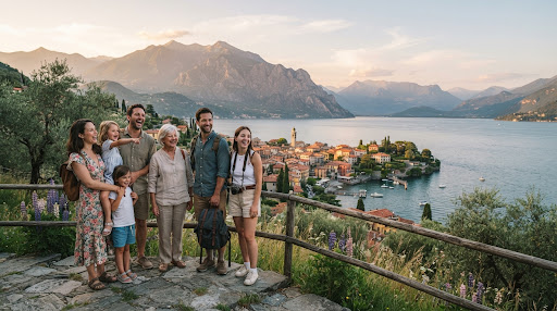Família e amigos em um mirante de viagem em grupo